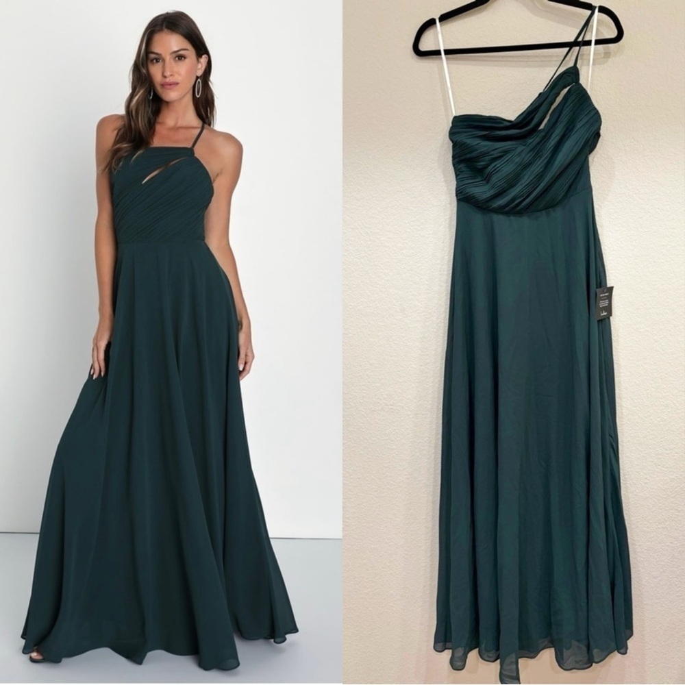 Size S NWT Lulus Extraordinary Elegance Emerald Pleated One-Shoulder Maxi Dress‎